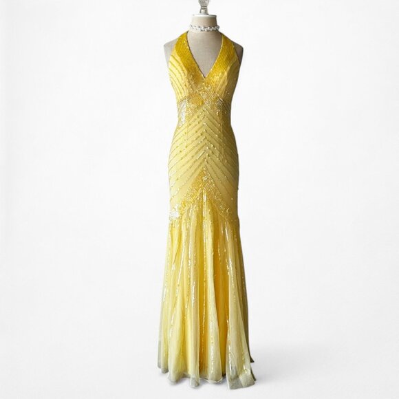 Vintage Y2K Yellow Halter Beaded Sequin Mesh Bodycon Maxi Prom Dress Size XS/S - Picture 4 of 14